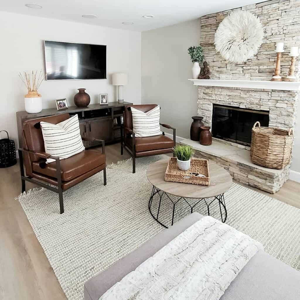 Accent Chair in Cognac Upholstery with Stacked Stone Fireplace