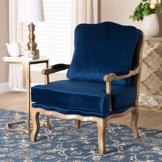 Accent Chair: Navy Blue Velvet Texture French Oak Seating