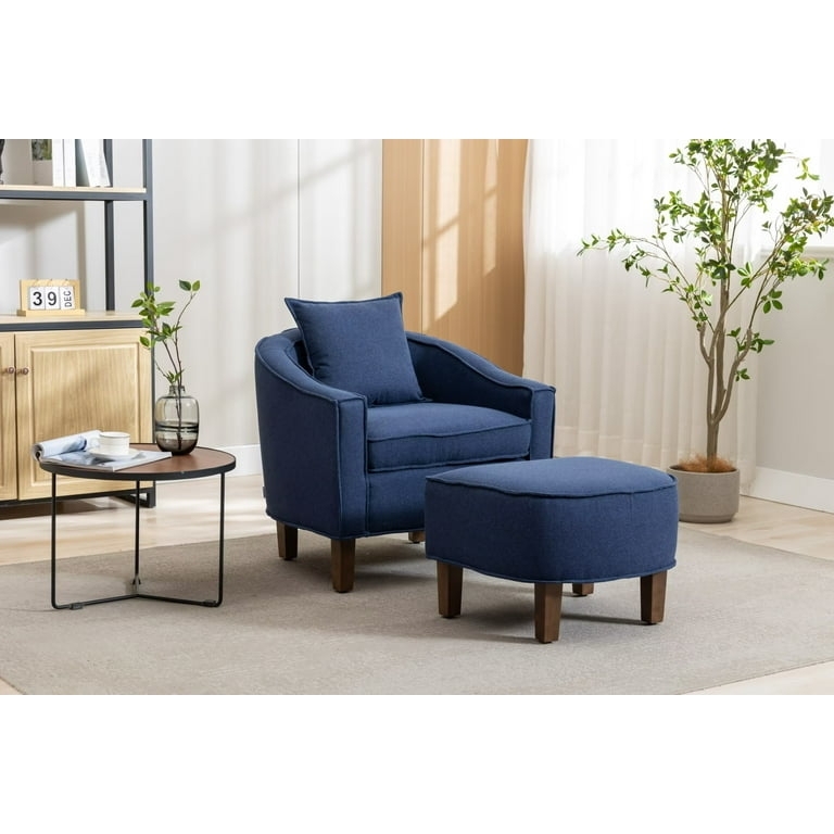 Accent Chair: Navy Linen Fabric Barrel Back Mid Century