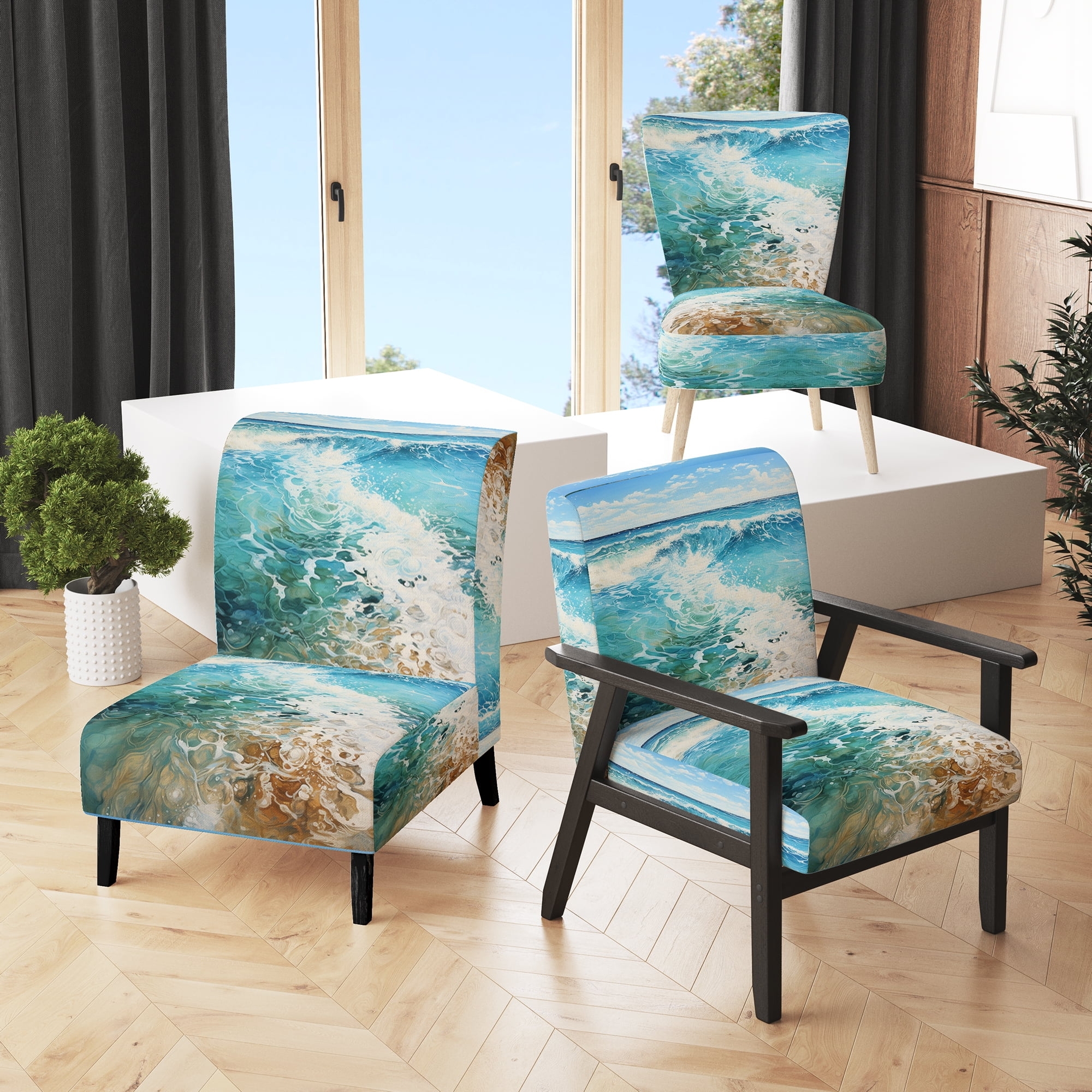 Accent Chair Oceanic Print Tapered Legs Coastal Wave Accent Chairs