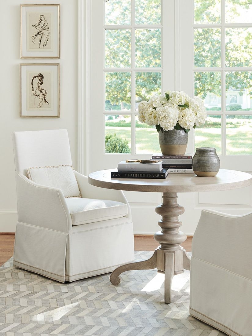 Accent Chair: Skirted Ivory Armchair With Welted Seams