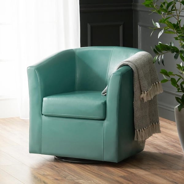 Accent Chair Swivel Base Barrel Silhouette Teal Leather-Like Lounge