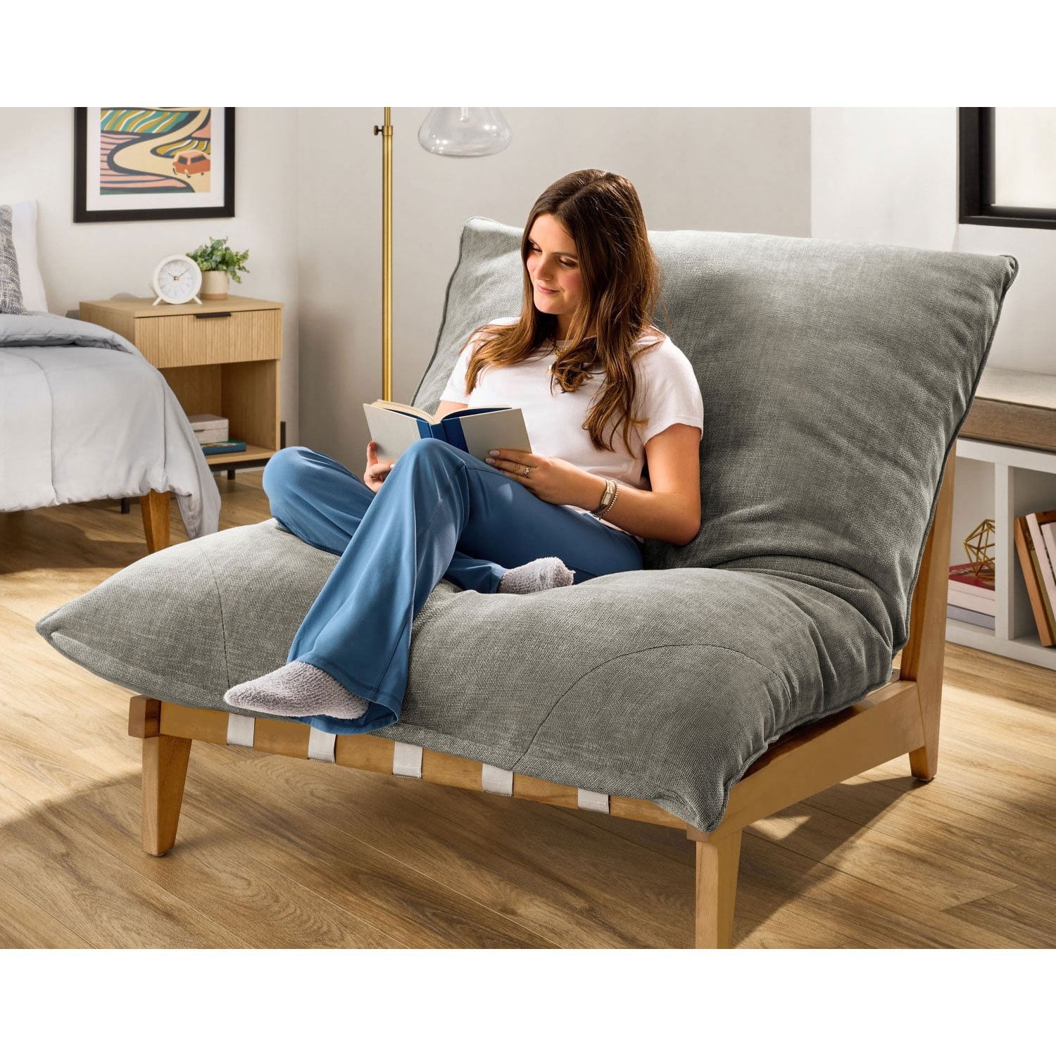 Accent Chair Webbed Base Oversized Cushion Heathered Grey