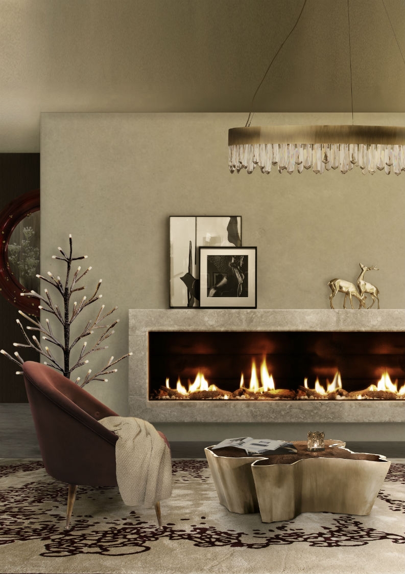 Accent Chair with Curved Silhouette and Modern Linear Fireplace