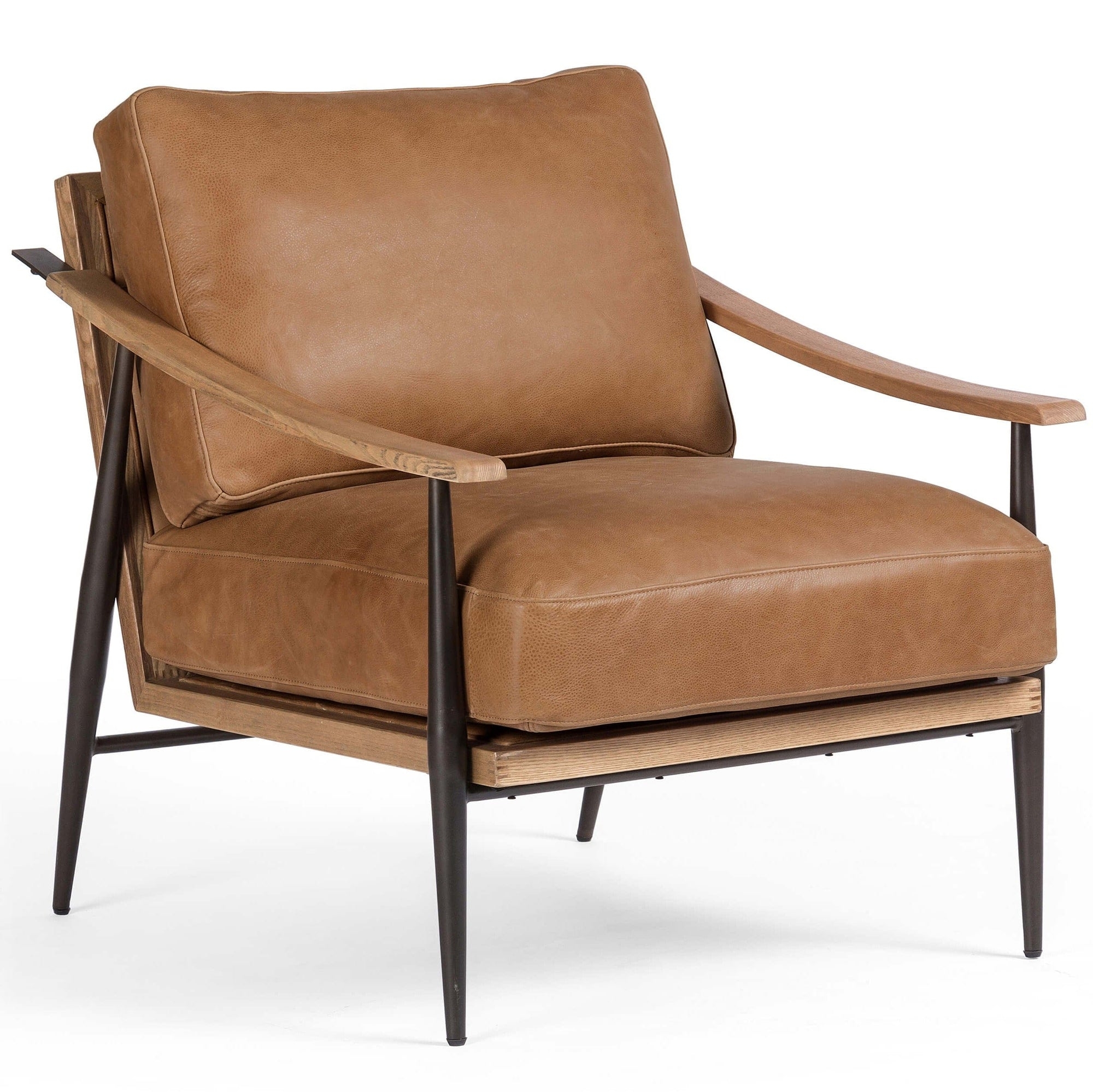 Accent Chair with Curved Wood Armrests and Tapered Metal Legs