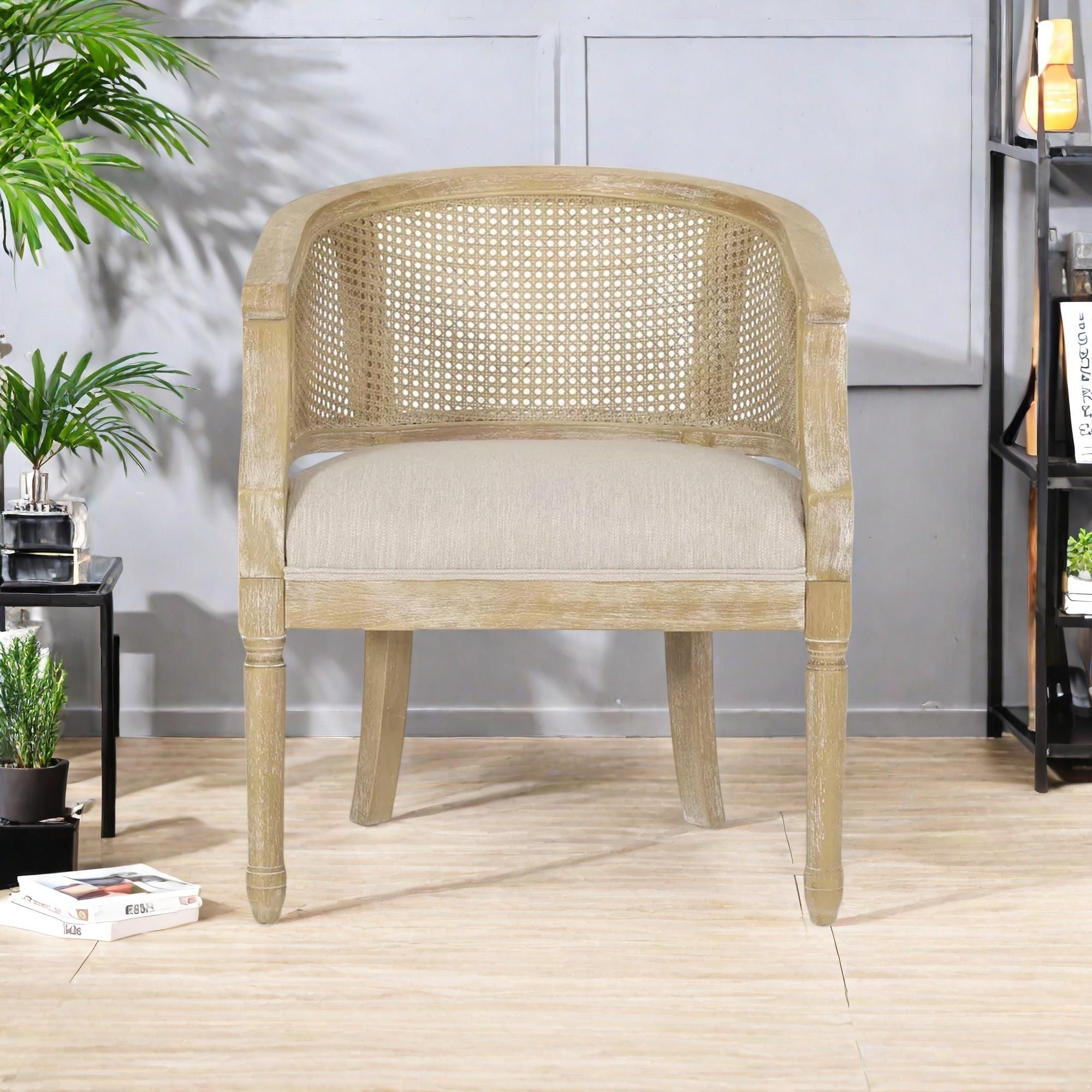 Accent Chair with Distressed Rubber Wood and Barrel Back