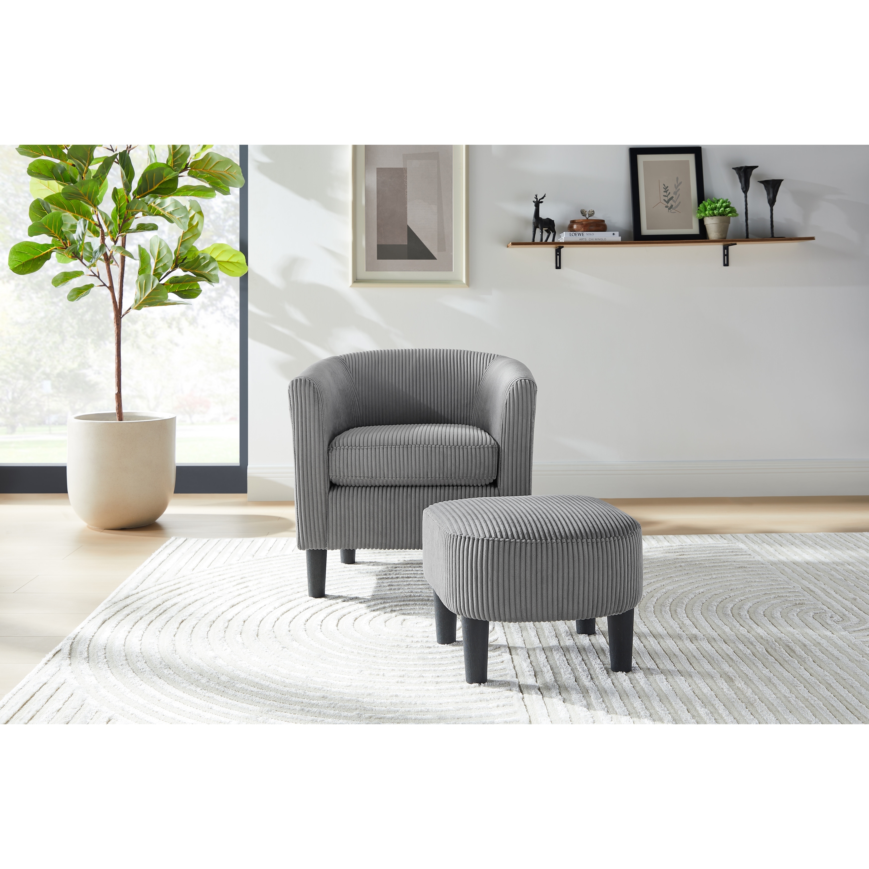 Accent Chair With Ottoman: Grey Vertical Ribbing Barrel Set