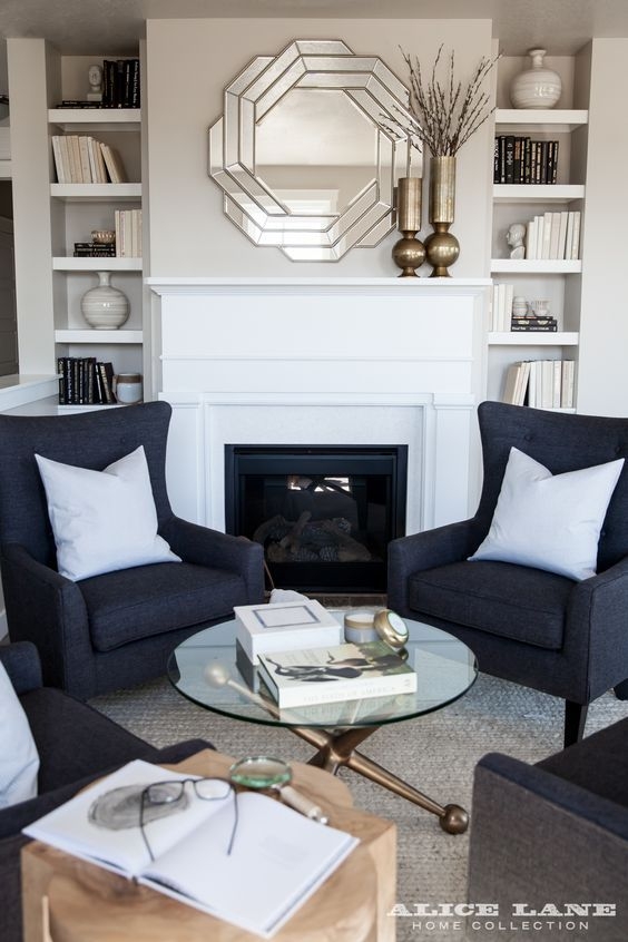 Accent Chair with Wingback Silhouette and Geometric Mantel Mirror