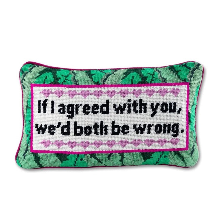 Accent Pillow with Botanical Leaf Print and Magenta Pink Piping