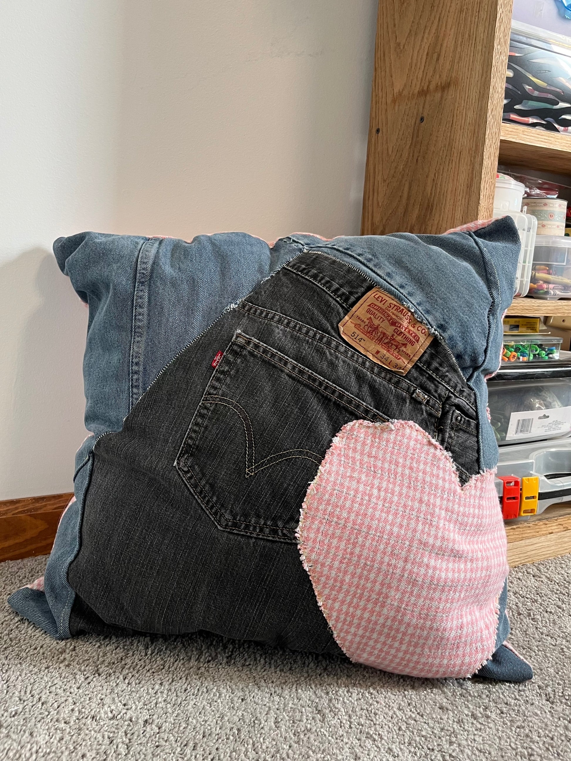 Accent Pillow with houndstooth heart patch upcycled denim pillow