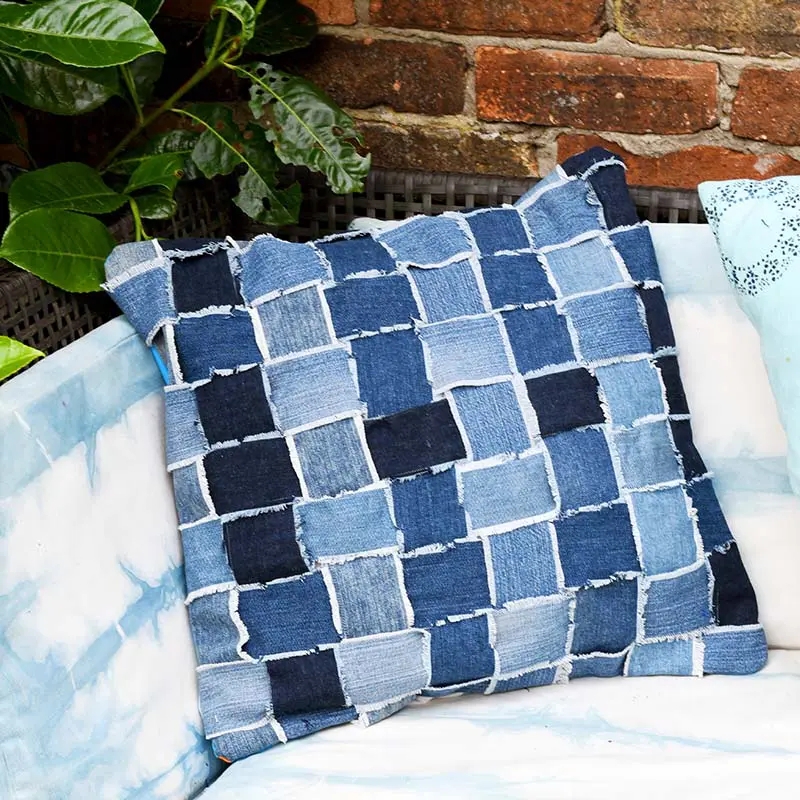 Accent Pillow with woven denim strips woven denim pillow