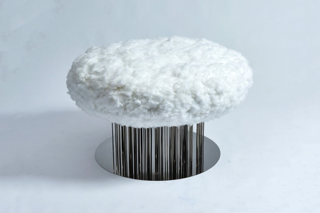 Accent Stool Fluffy Cloud Seat Mirrored Base Silver Ottoman
