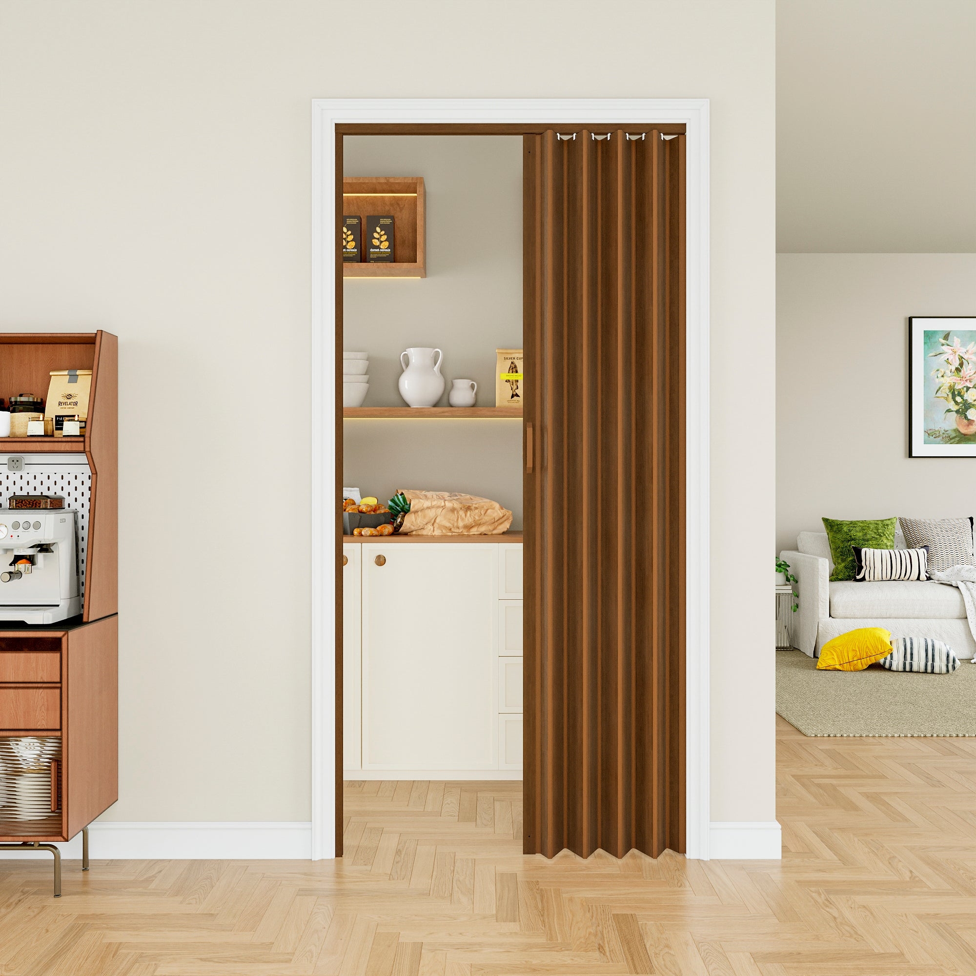 Accordion Door: Walnut Finish Trimmable Walnut Accordion Door