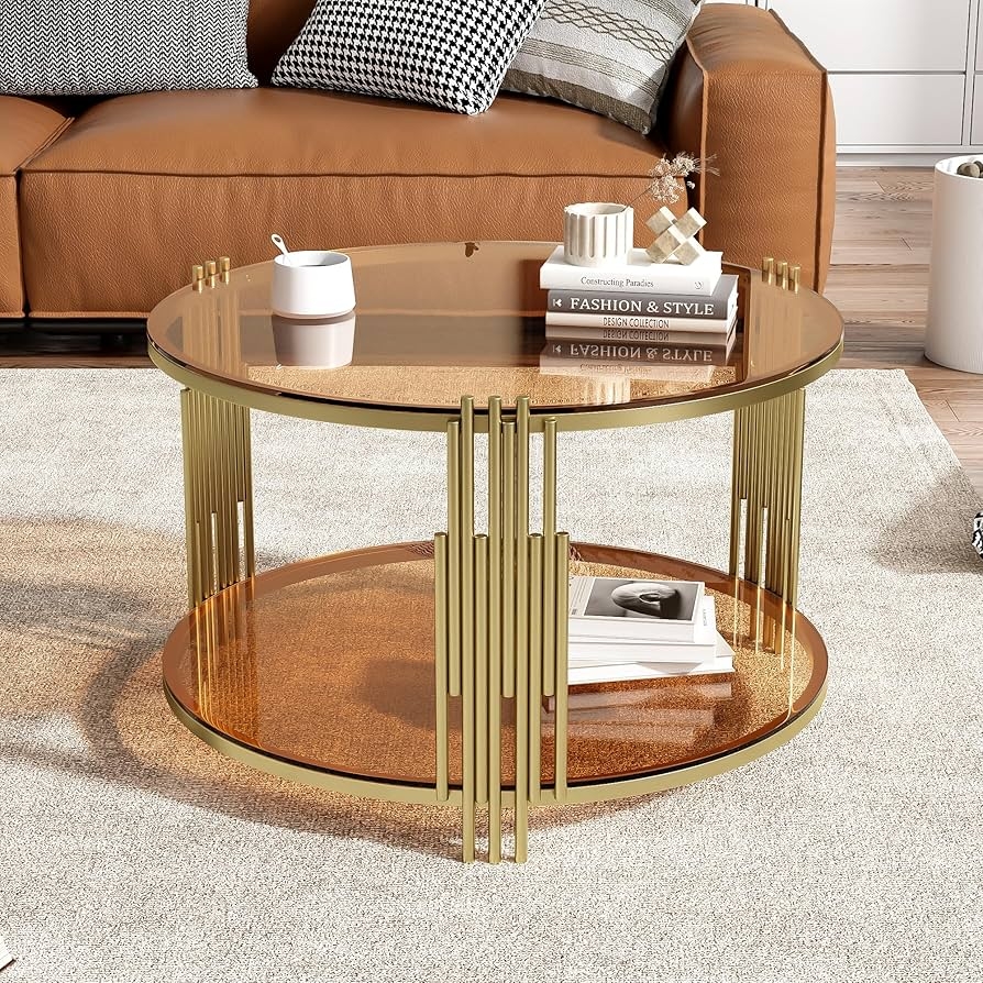 Amber Glass Round Table with Stepped Gold Vertical Rods