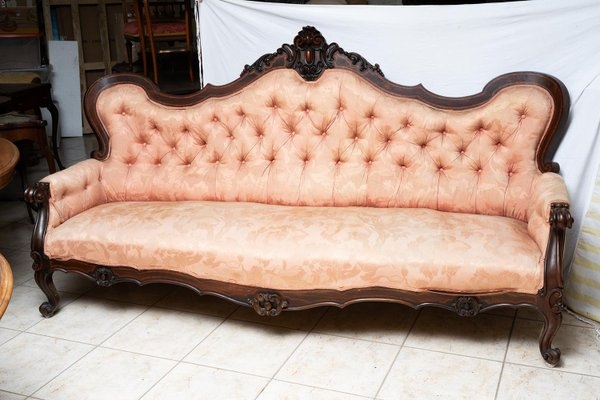 Antique Sofa with Sculptural Cresting and Peach Pink Neapolitan Design