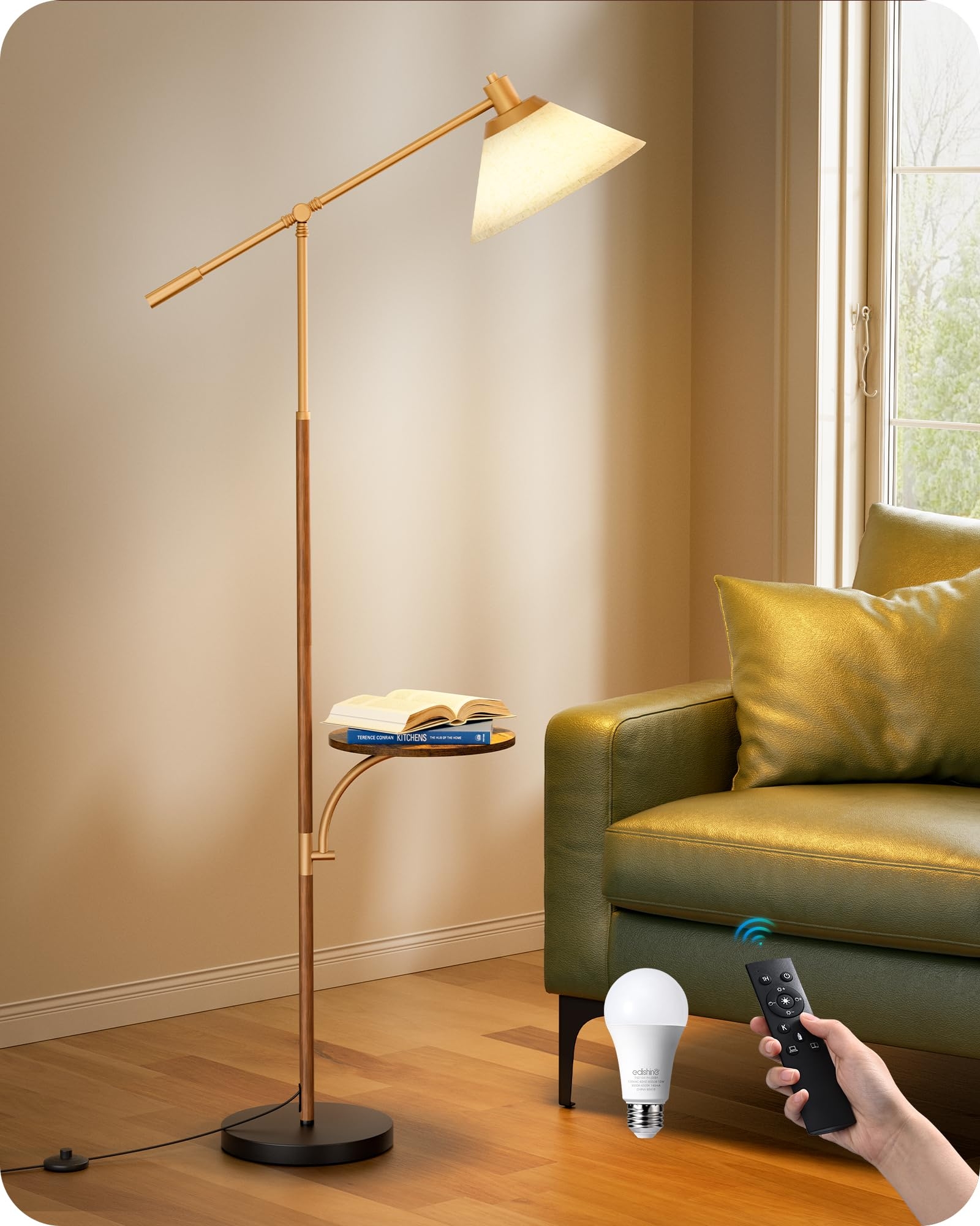 Arc Floor Lamp Adjustable Arm and Wood Tray Reading Light