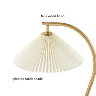 Arc Floor Lamp Pleated Fabric Shade with Faux Wood Finish