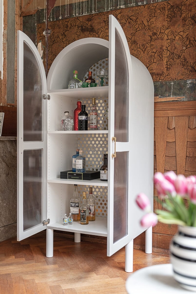 Arched Bar Cabinet: Reeded Glass White Liquor Storage