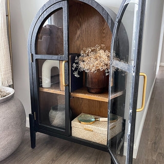 Arched Cabinet: Black Wood Interior Curio Hutch
