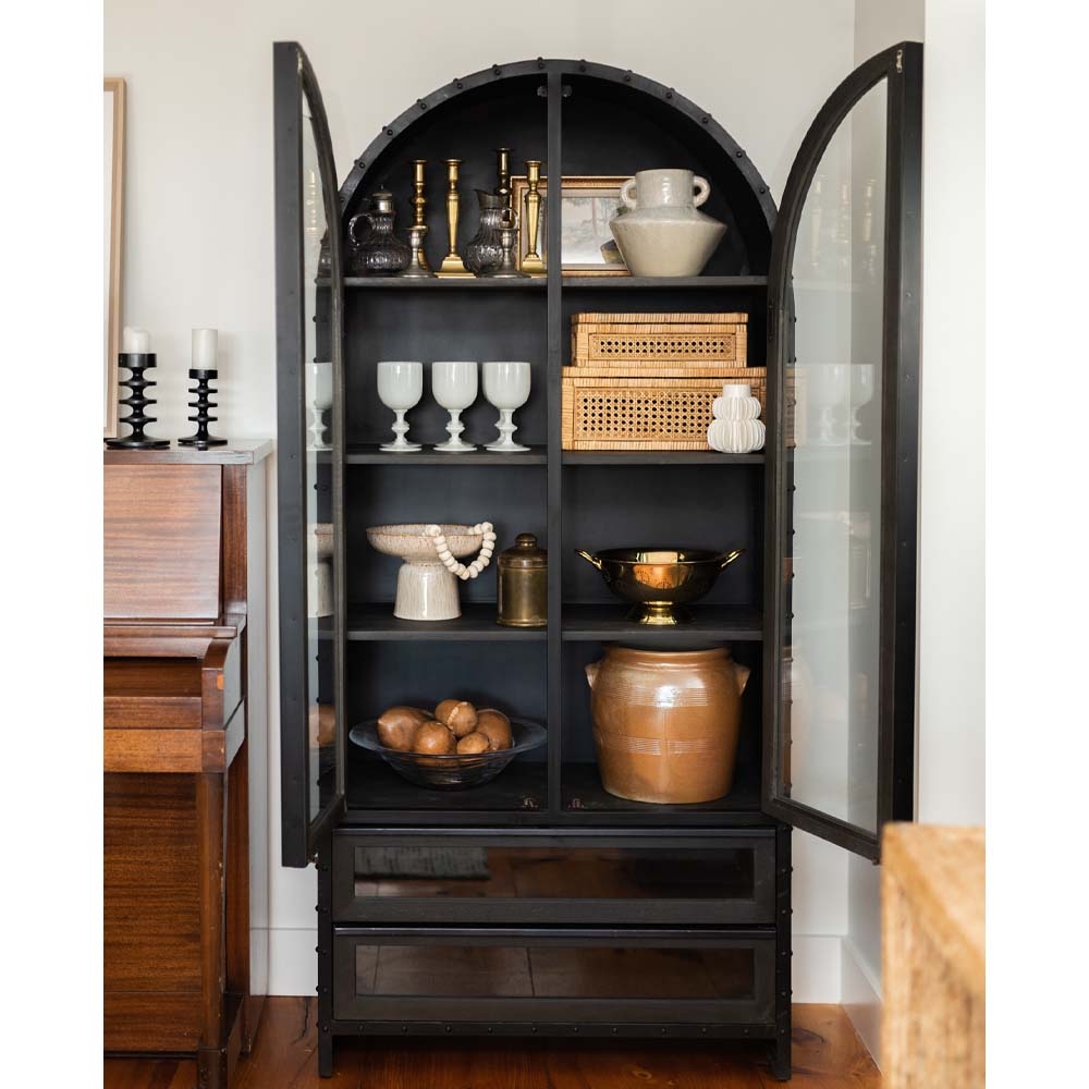Arched Cabinet: Graphite Metal Glass Industrial Hutch