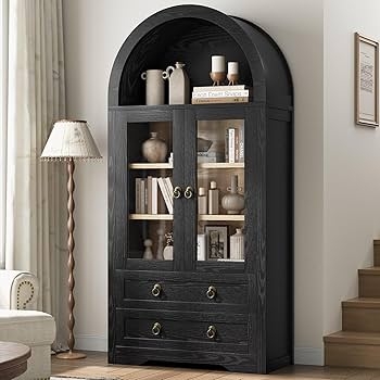 Arched Cabinet: Matte Black Glass Door Farmhouse Hutch