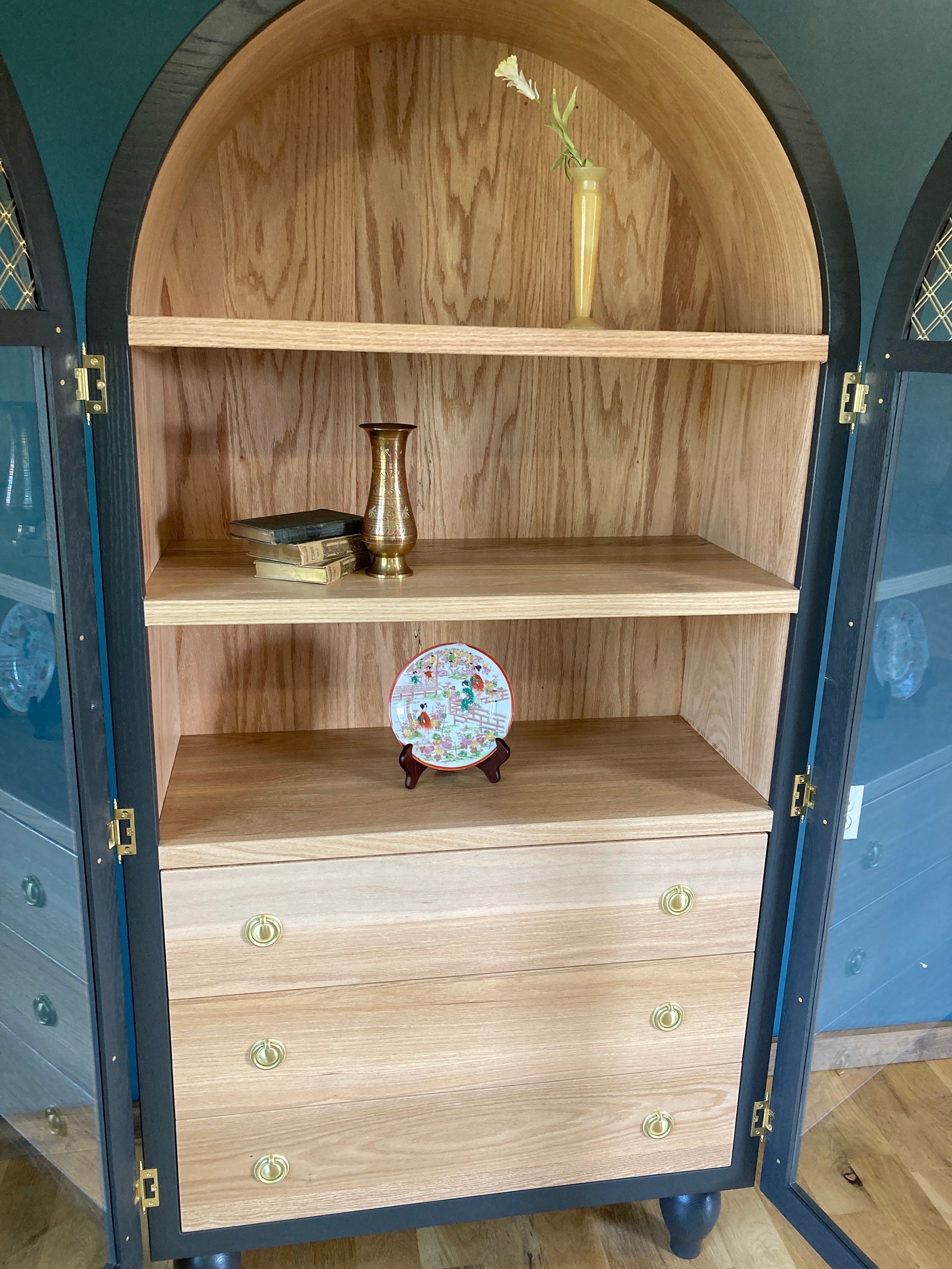 Arched Cabinet: Oak Two Tone Brass Mesh Door Hutch
