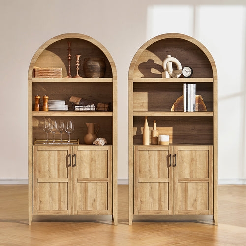 Arched Cabinet: Open Display Shelves Light Oak Hutch
