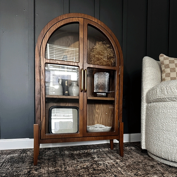 Arched Cabinet: Walnut Glass Mullion Tapered Legs