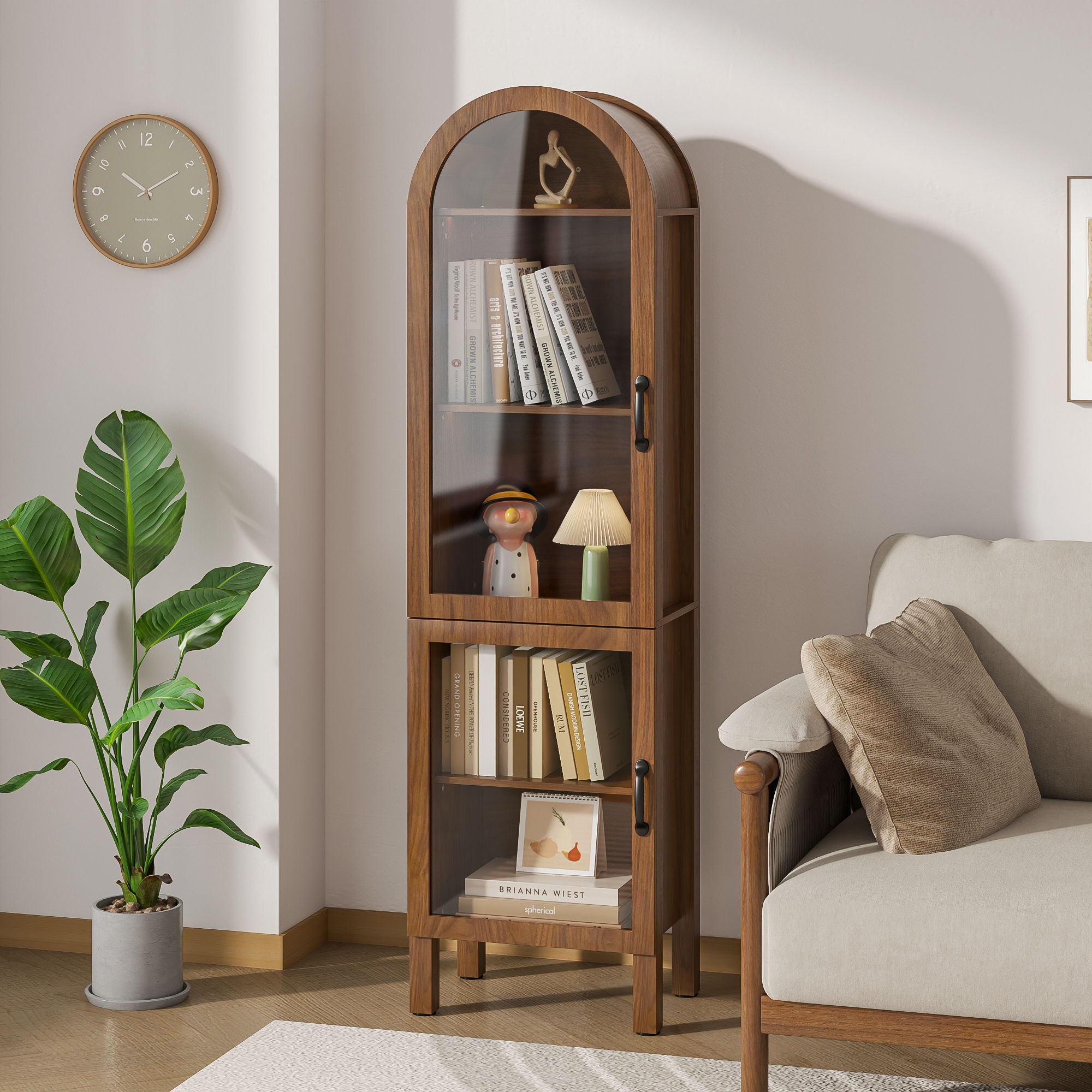 Arched Cabinet with Transparent Doors Walnut Tone Arch