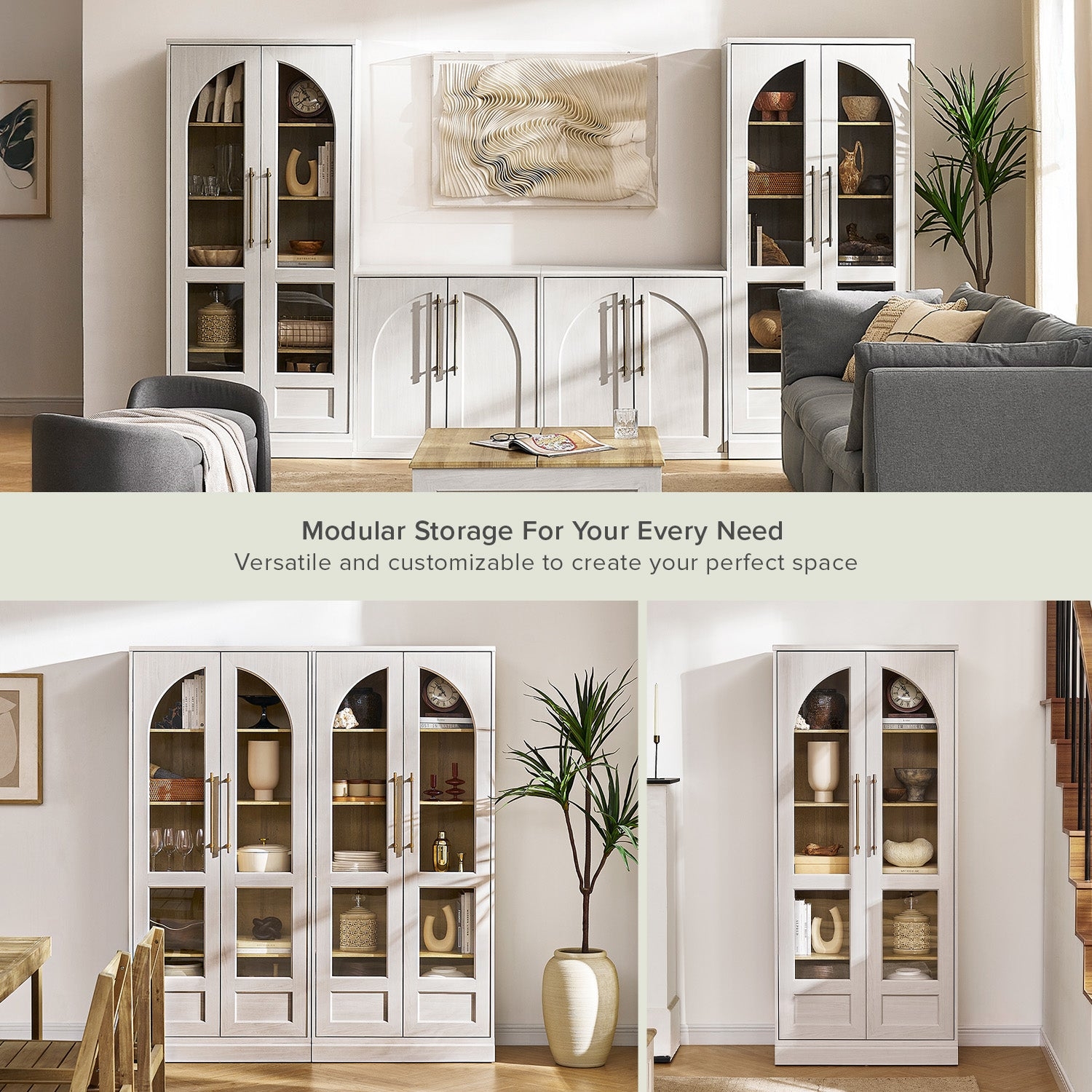 Arched Display Cabinet Modular Design White Oak Finish