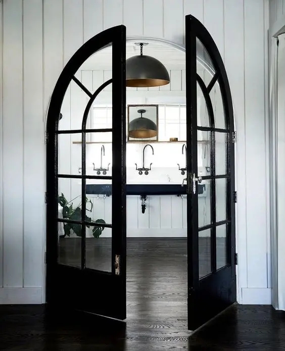 Arched French Doors: Black Mullions Modern Farmhouse