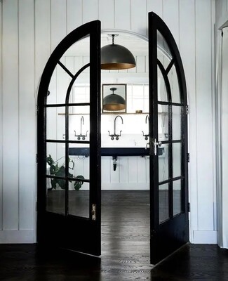 Arched French Doors: Black Mullions Modern Farmhouse