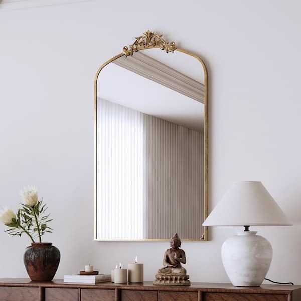 Arched Mirror: Ornate Baroque Crest Thin Brass Frame