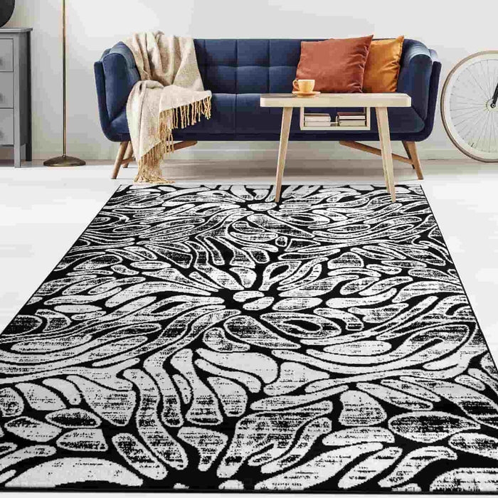 Area Rug: Abstract Floral Motif with High Contrast Statement Style