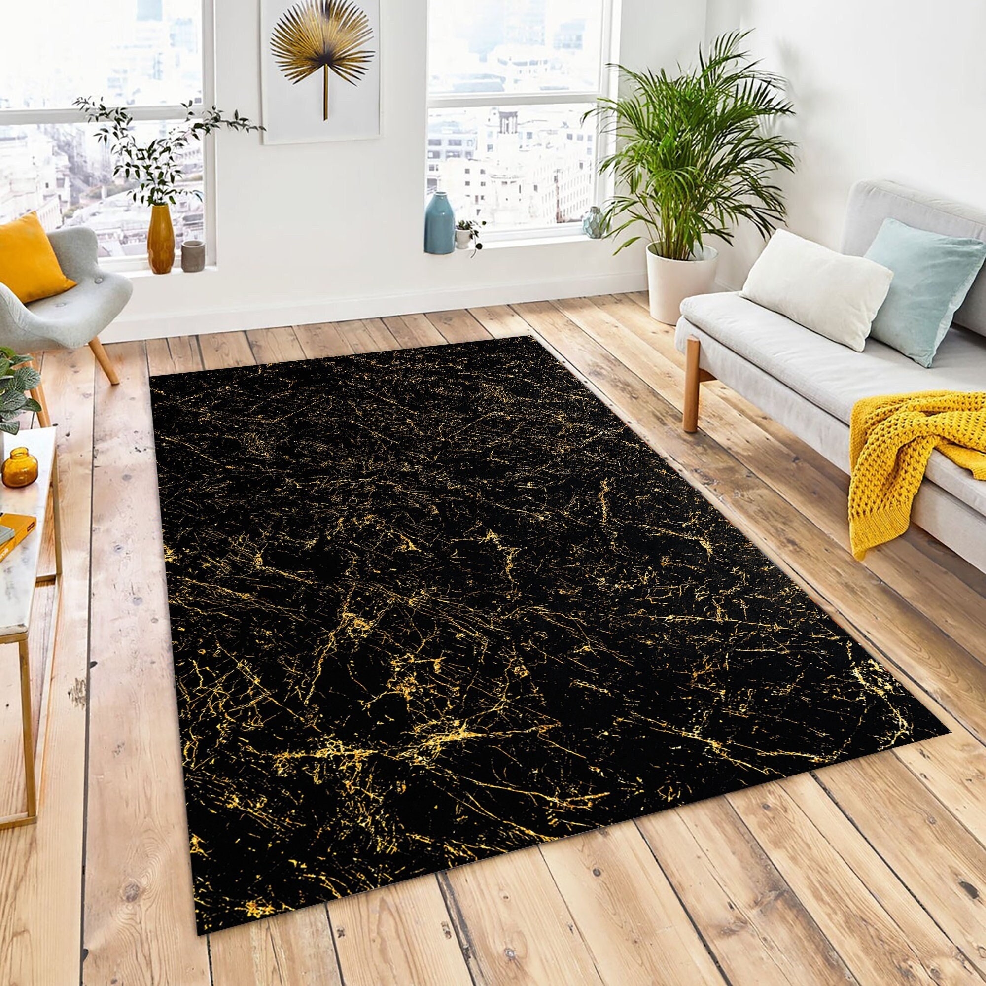Area Rug Amber Marble Veining Midnight Black Decor