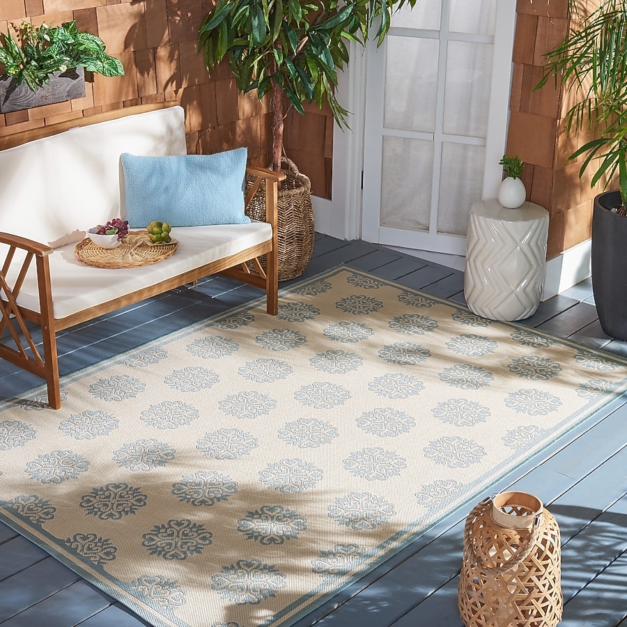 Area Rug Aqua Medallion Pattern Cream and Blue Flatweave