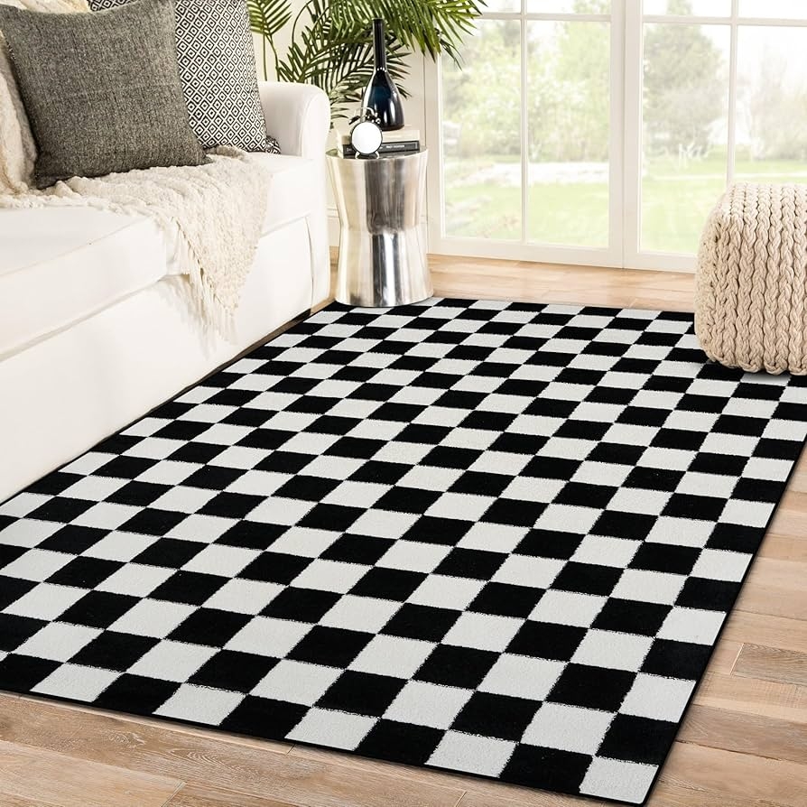 Area Rug: Black and White Checkered Graphic Geometric Pattern