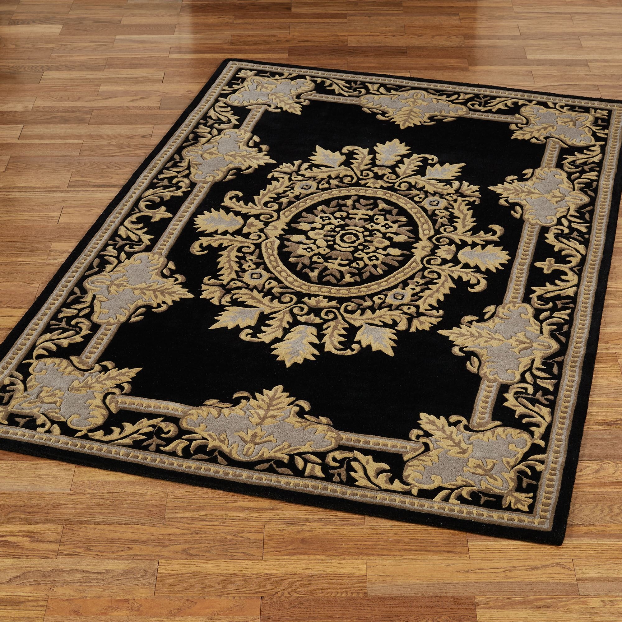 Area Rug Black Base Medallion Ornate Leaf Border