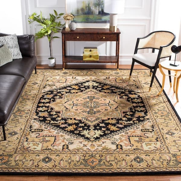 Area Rug Black Central Medallion Gold Floral Border