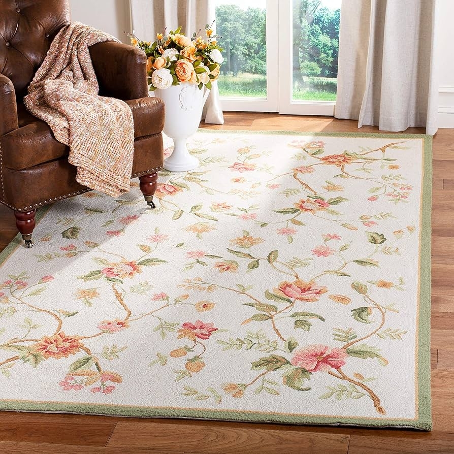 Area Rug Botanical Vine Pattern Sage Green Border