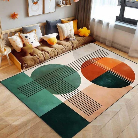 Area Rug Circular Motifs 70s Retro Geometric Pattern Rug
