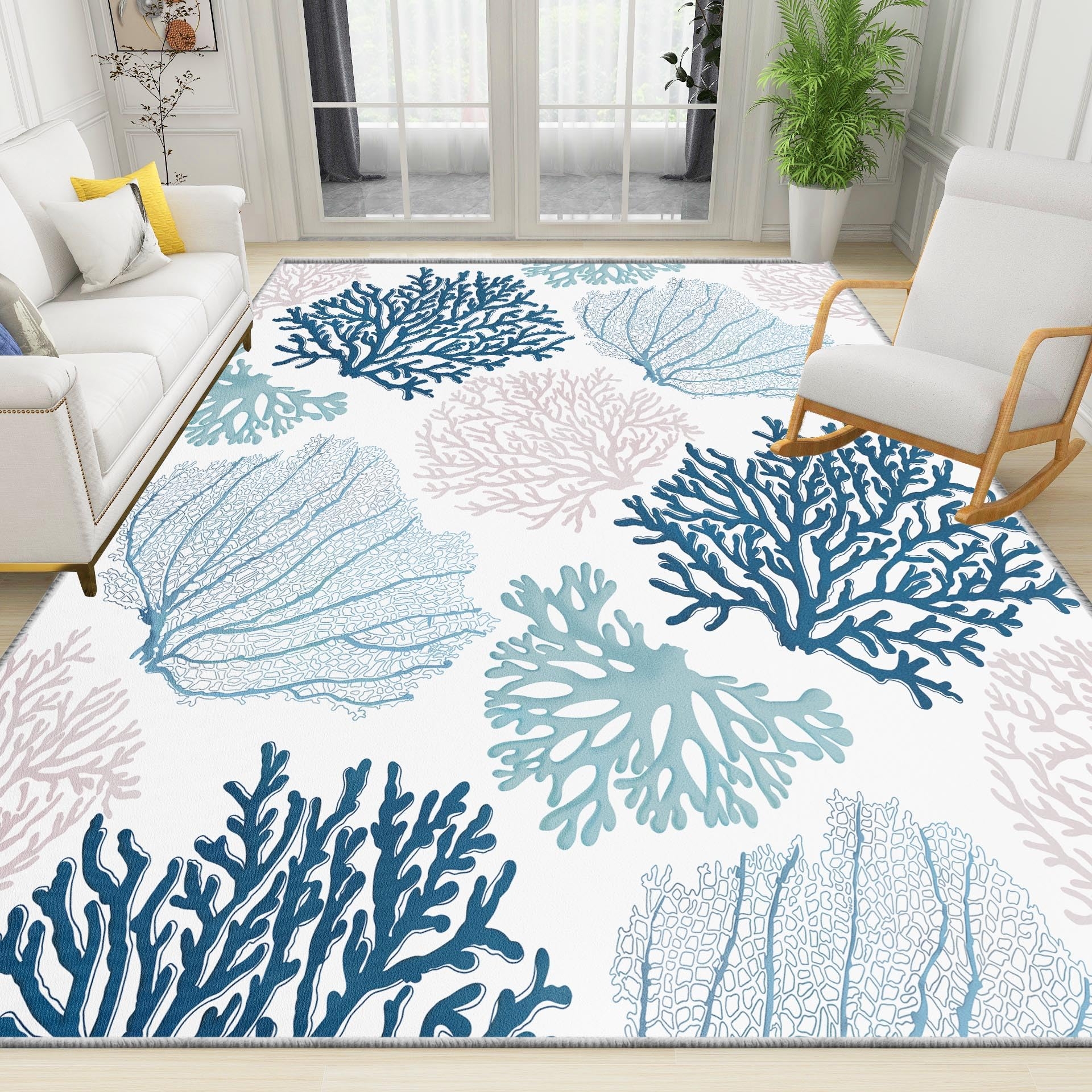 Area Rug Coral Motif Nautical Large Scale Coral Print