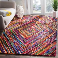 Area Rug Diamond Pattern Rag Rug Multicolor Weave