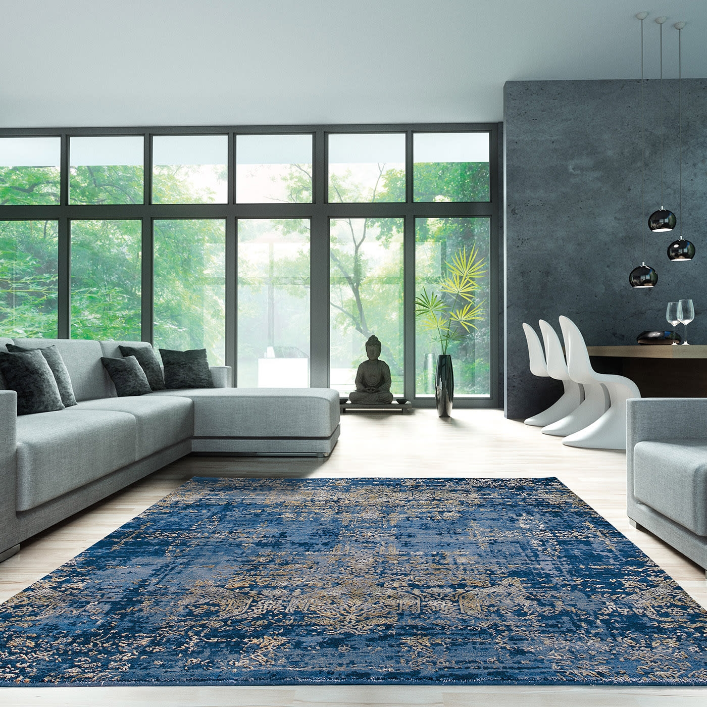 Area Rug displaying Distressed Abstract Pattern in Navy