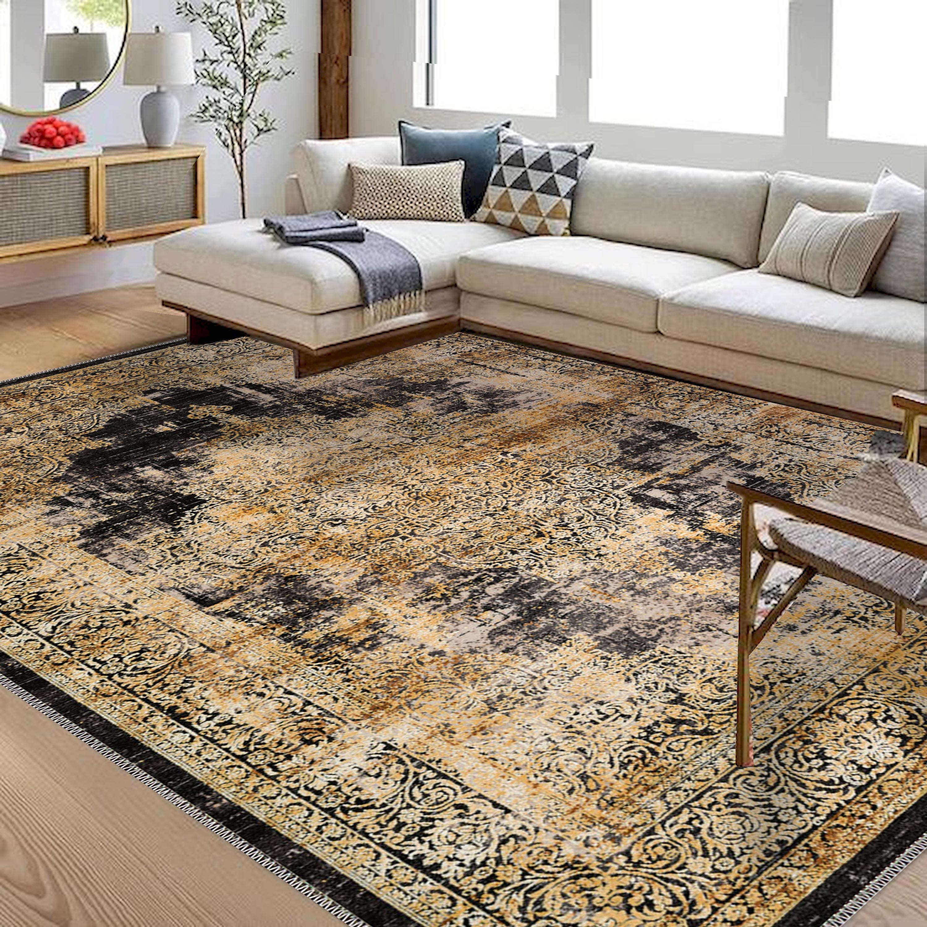Area Rug Distressed Ochre Finish Black Oriental Border