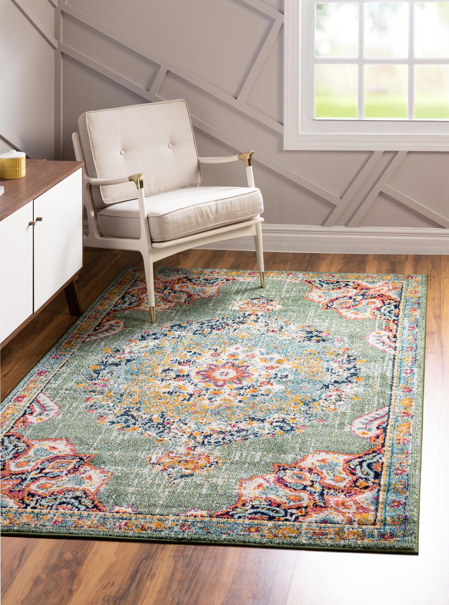 Area Rug Distressed Sage Green Base Medallion Abstract Rug