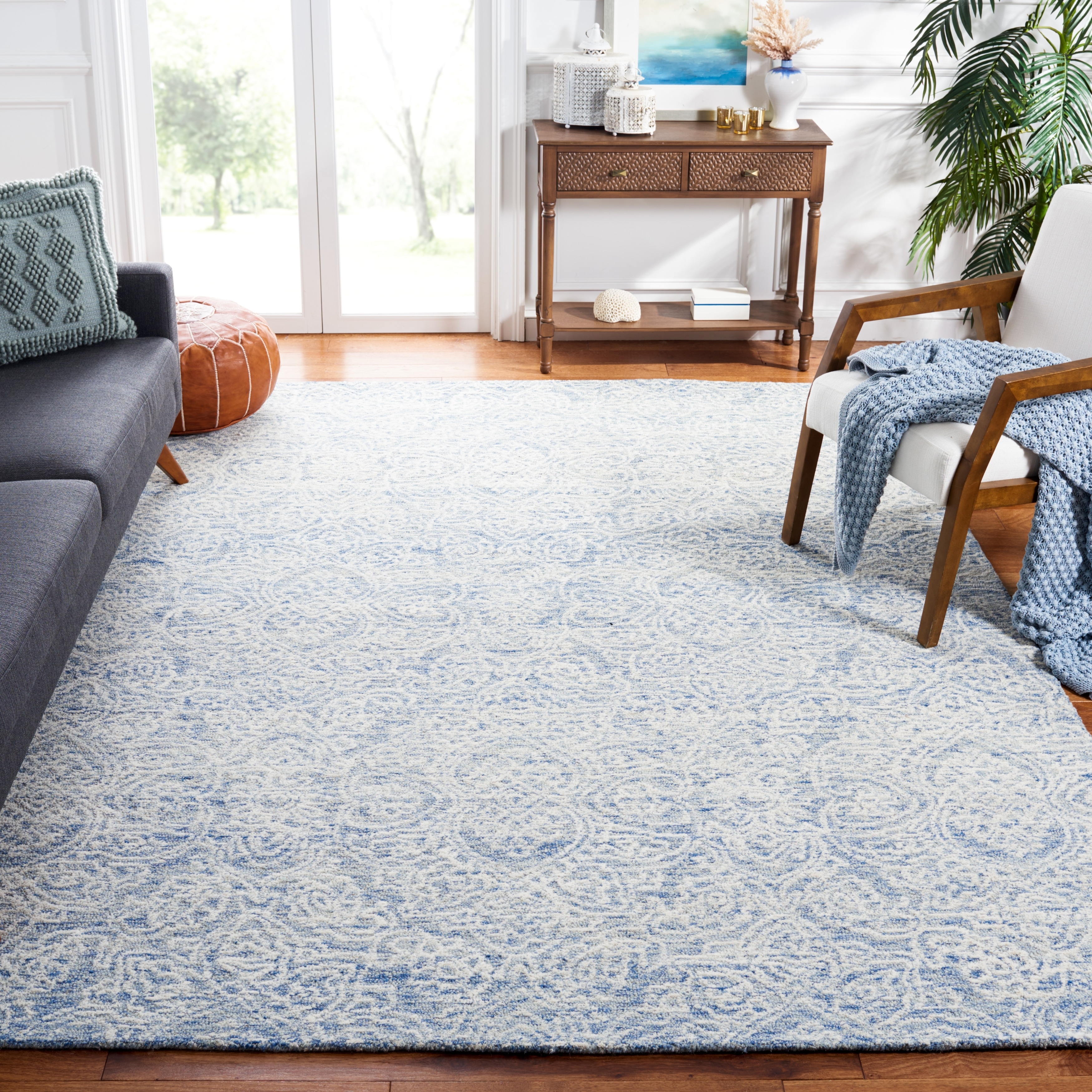 Area Rug Dusty Blue Damask Rug Scrolling Wool Textile
