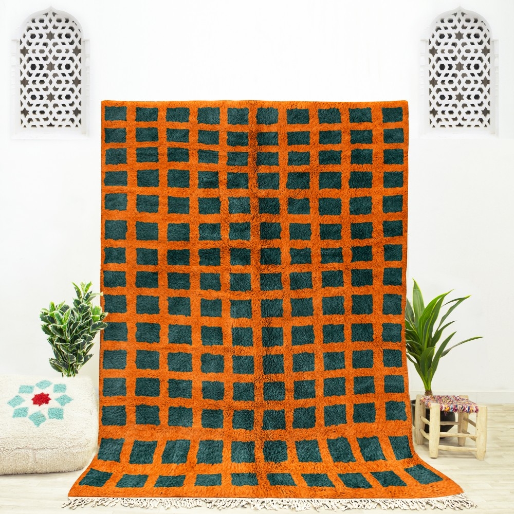 Area Rug Emerald Green Grid High Pile Checkered Shag Rug