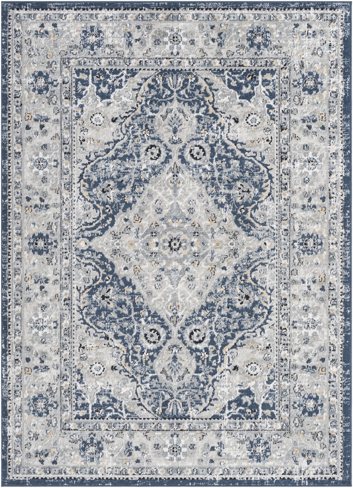Area Rug Faded Finish Distressed Blue Medallion Rug