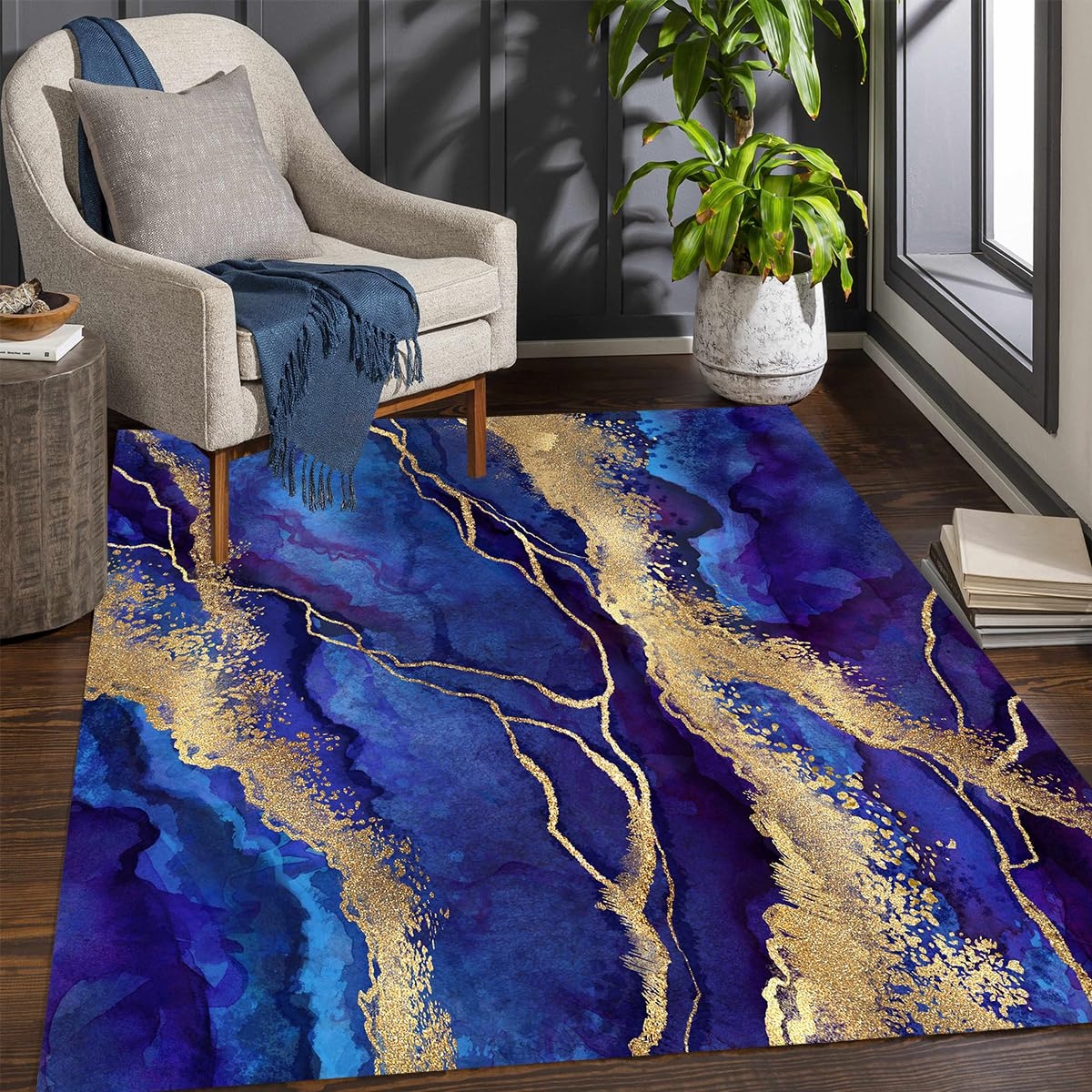 Area Rug featuring Abstract Marble Pattern in Royal Blue